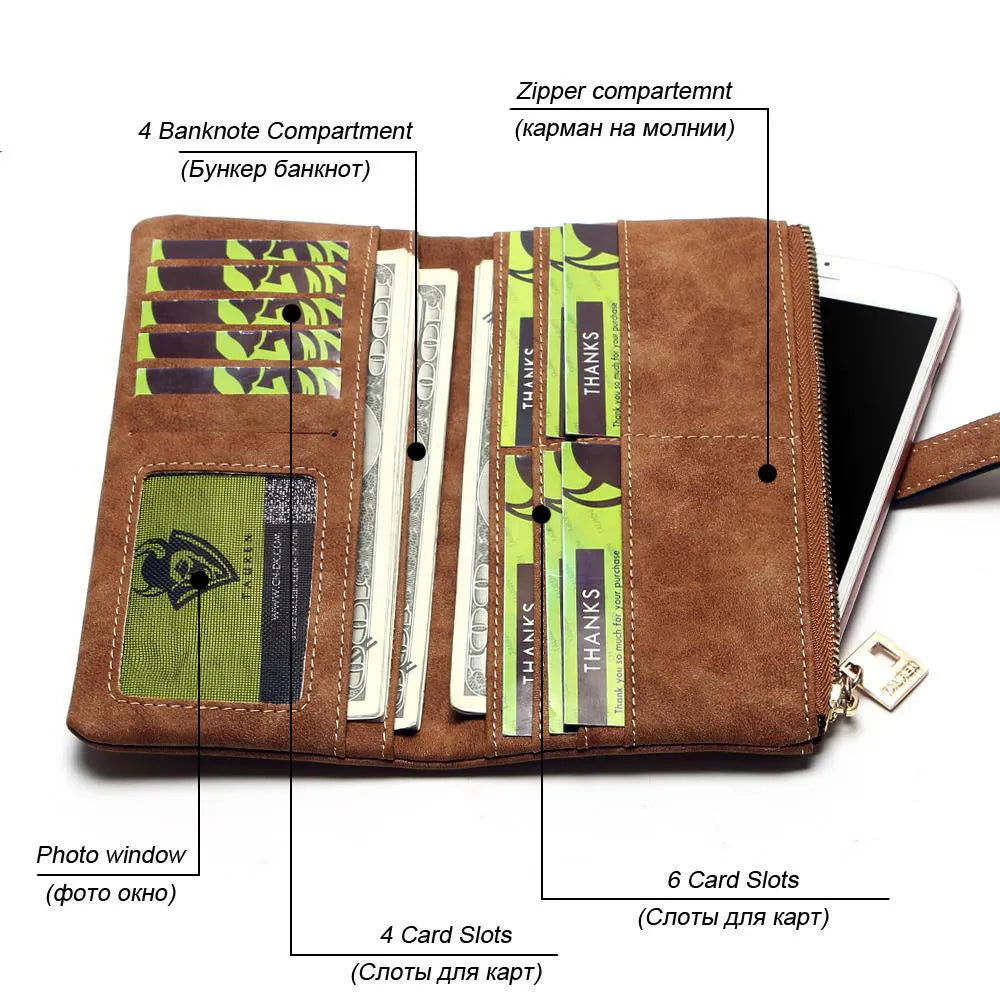 Women's vertical long wallet in matte PU leather with a drawstring zip closure, shown in army green.