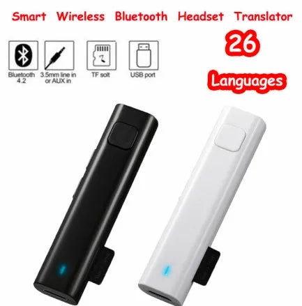 Mini Bluetooth real time voice translator for 26 languages, black device on white background