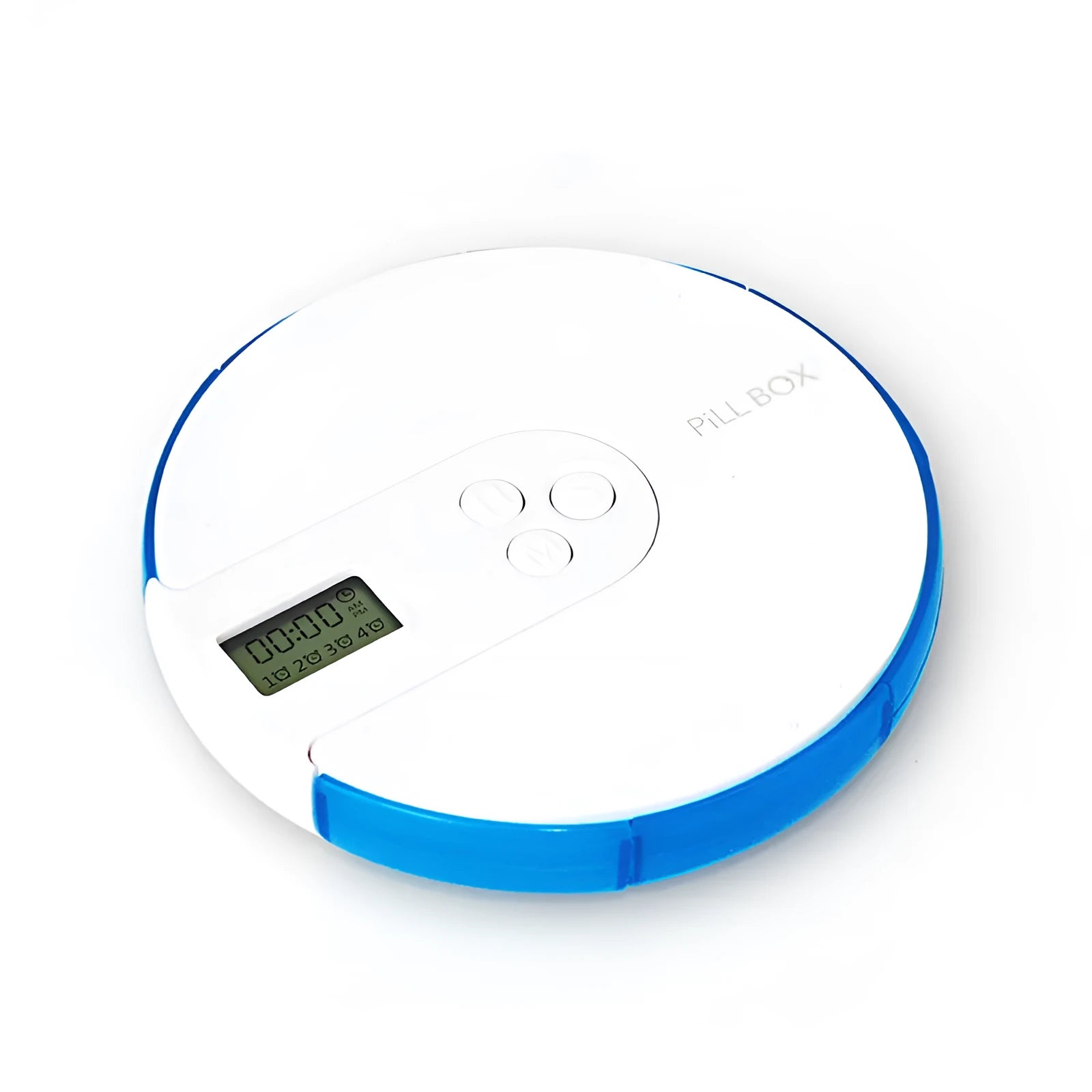 Blue 7-compartment electronic pill dispenser with alarm clock display on a white background.