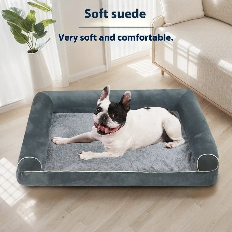 Square dark grey cloth dog bed with sponge filling on a wooden floor