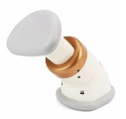 White mini chin massager neck exerciser with three adjustable springs and Oxford carry bag on plain background