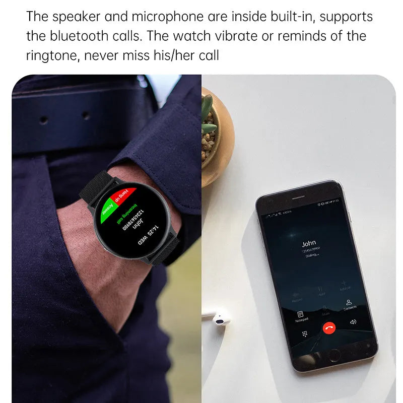 Smart bracelet watch with 1.3-inch screen on a wrist, showing health stats, available in black, blue, or red.