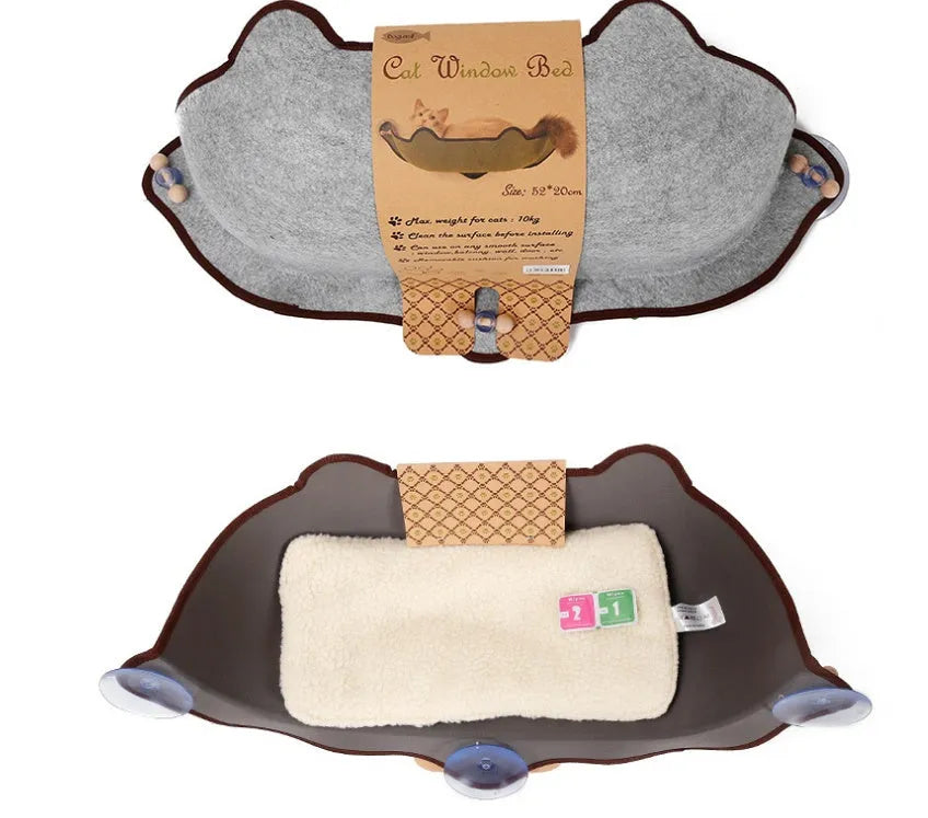 Grey felt cloth cat hammock fixed to a window with three suction cups, 59x22x13cm