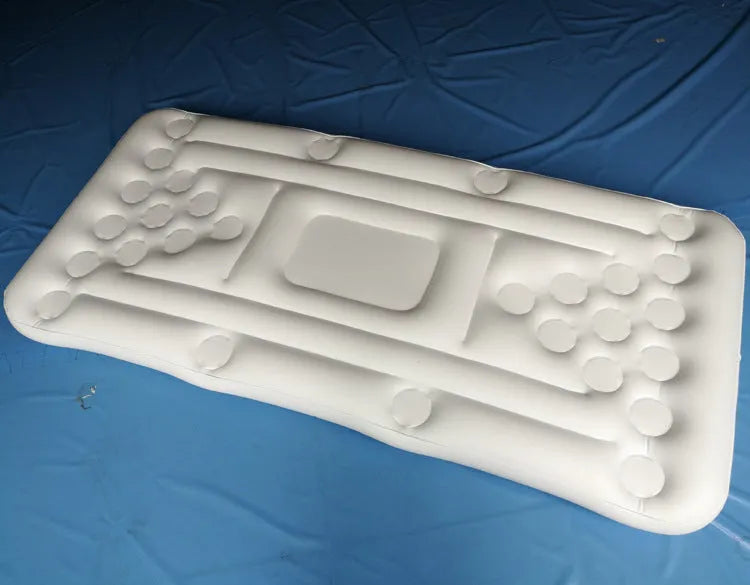 Inflatable beer pong buoy floating on pool water with cups set up on 24-hole blue surface