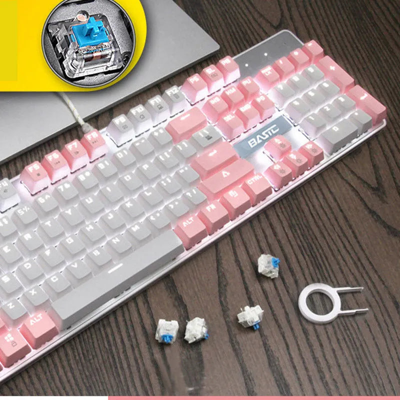 Girly pink colour full-size 104-key mechanical keyboard with wired USB cable