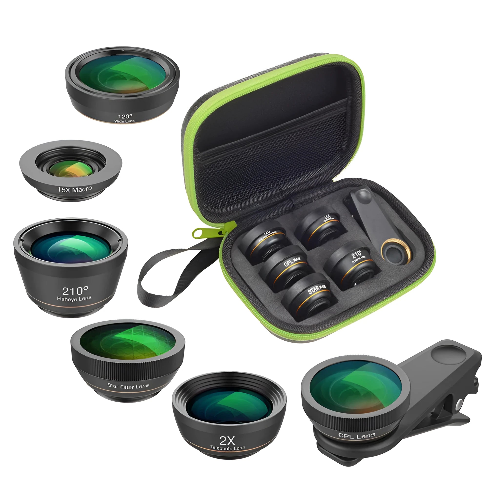 Black 6-in-1 smartphone camera lens kit with fisheye, wide-angle, telephoto lenses and filters in a case.