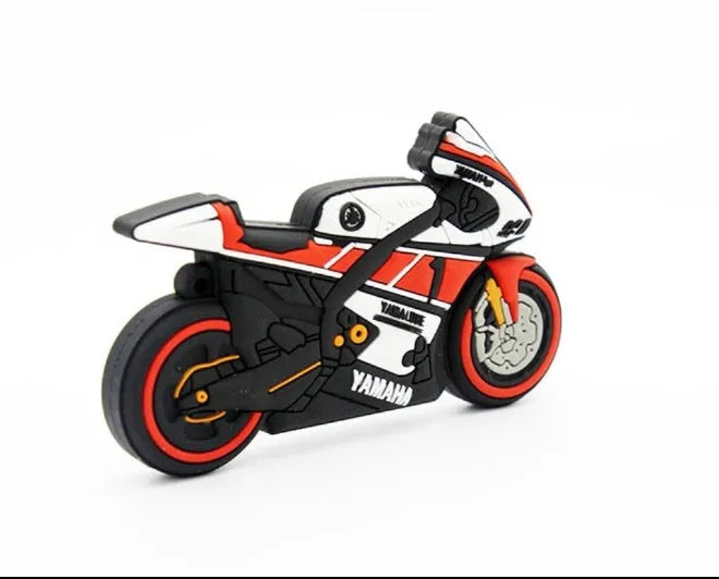 Cartoon motorcycle USB drive with wrist strap in red and white, 4GB to 64GB capacity options