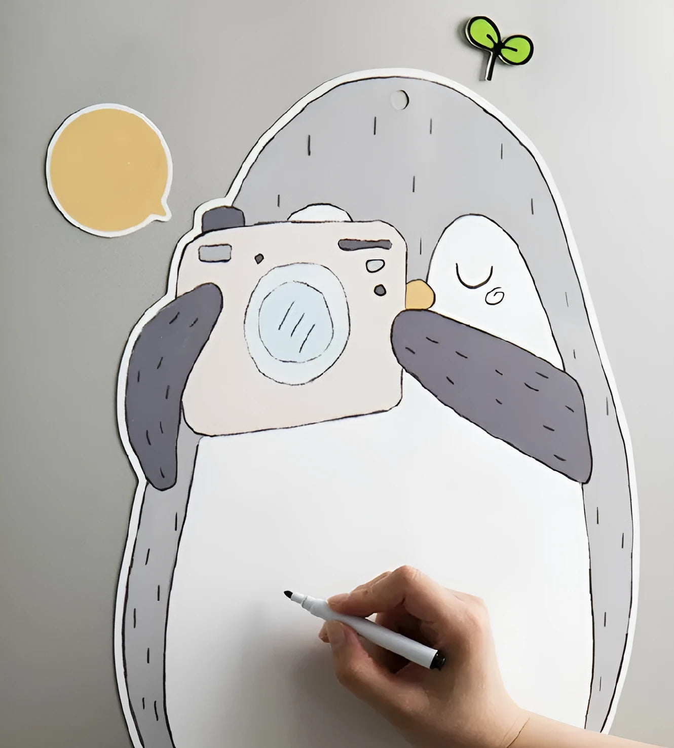 Nordic style penguin design refrigerator message board with soft magnet backing, 45cm wide by 30cm high