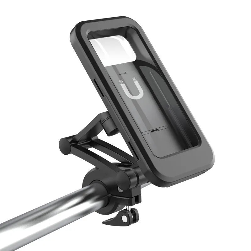 Black waterproof bicycle phone holder mount with magnetic suction on a handlebar, showing adjustable joints.