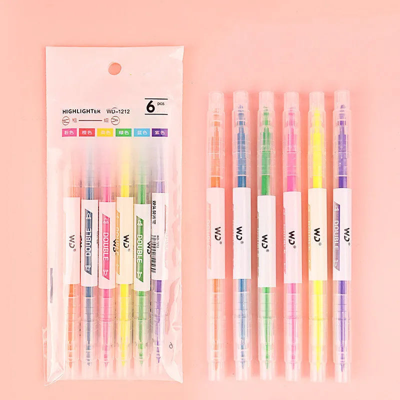 Six double-headed highlighter pens showing round and oblique nibs in six different colours