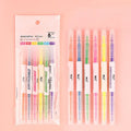 Six double-headed highlighter pens showing round and oblique nibs in six different colours