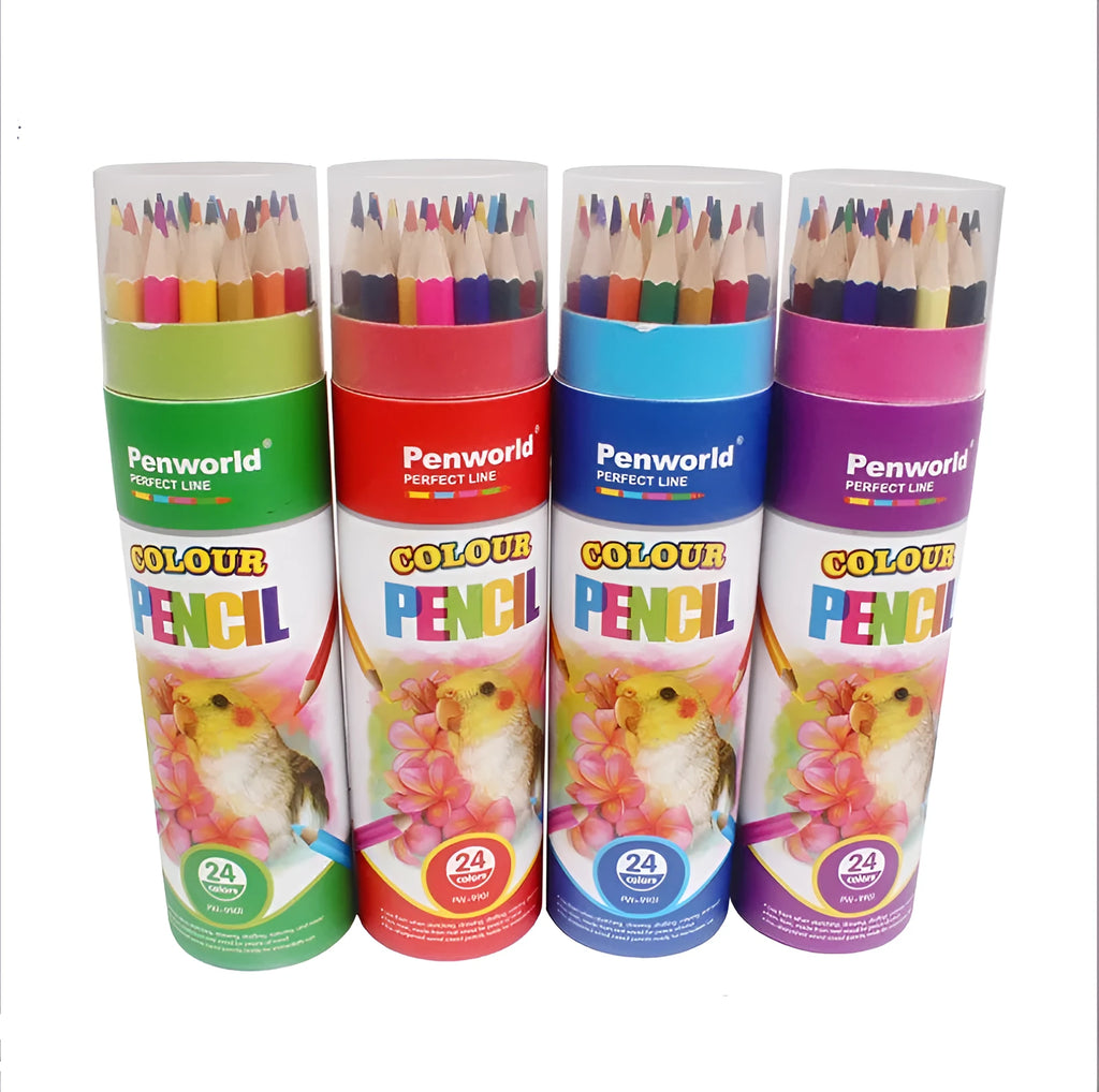 24-colour wooden crayon set in a barrel pack, each 27.4cm long, on a white background