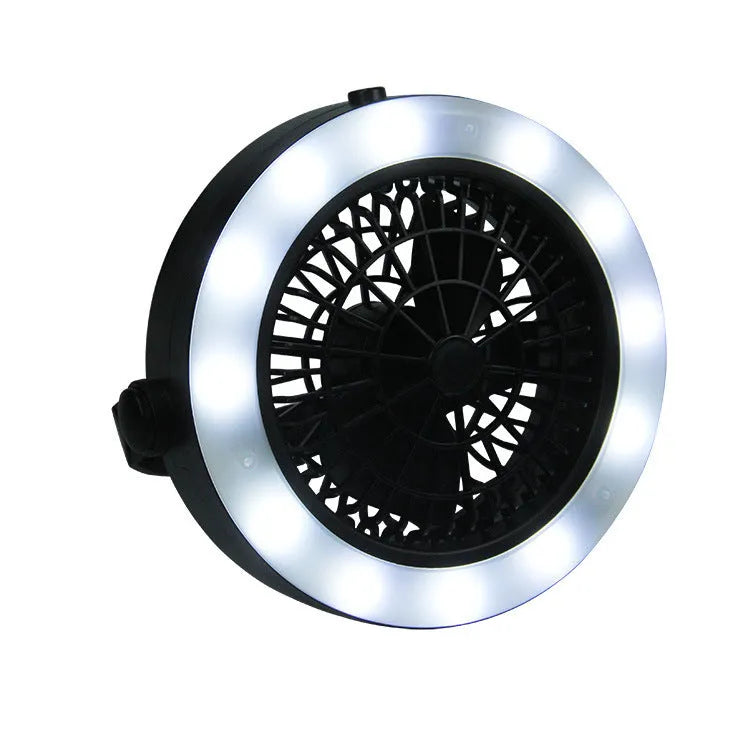 Black multi-function waterproof camping fan light with LED lamp and fan blades, compact 20x20x6.3cm portable design