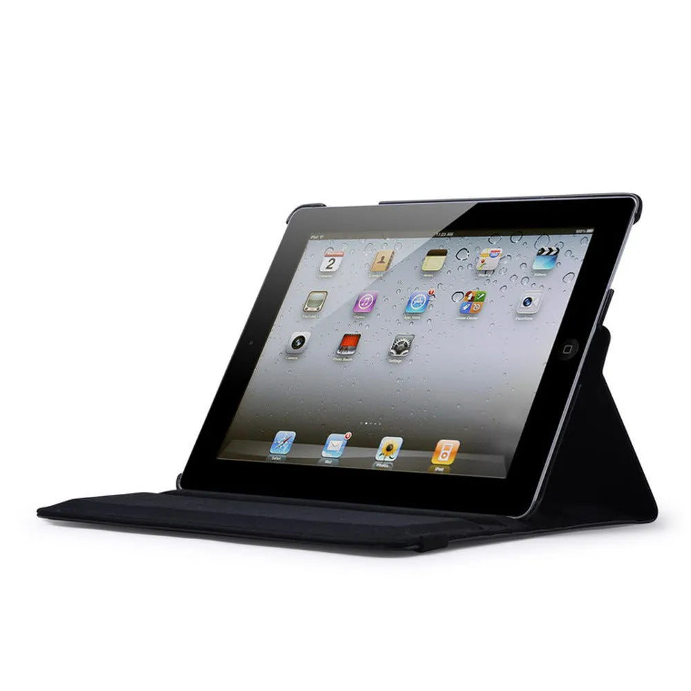 iPad PU leather clam shell protective case shown in various colours including pink, blue, and black.