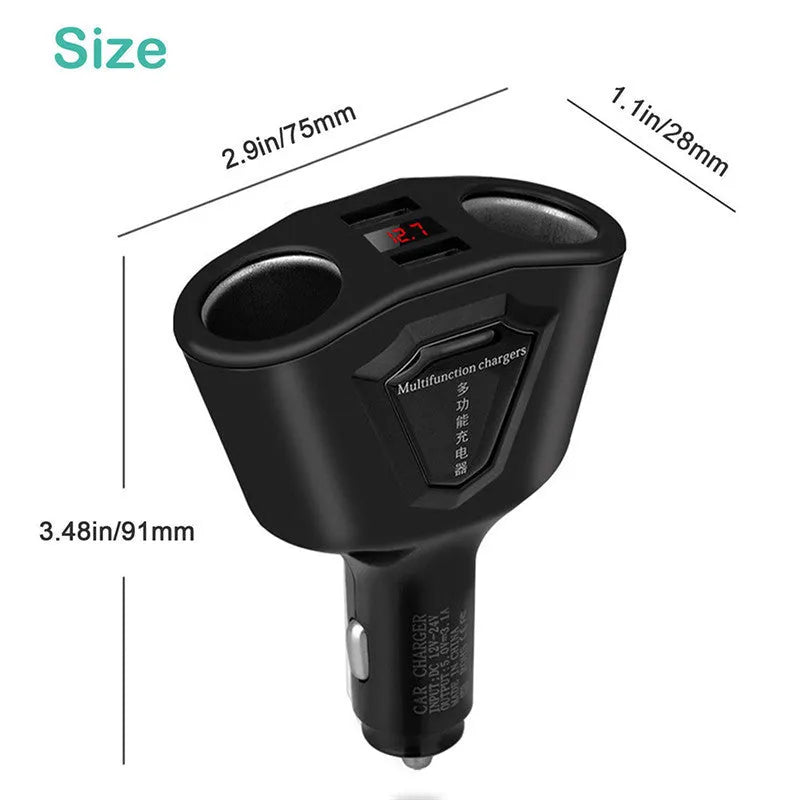 Dual USB multifunction car charger with LCD screen showing voltage, black colour, compact design for cars trucks and SUVs