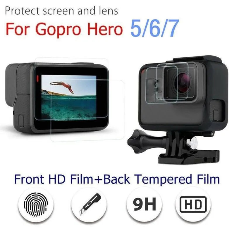 Transparent tempered glass screen and lens protector kit for GoPro Hero 5, 6, and 7 cameras.
