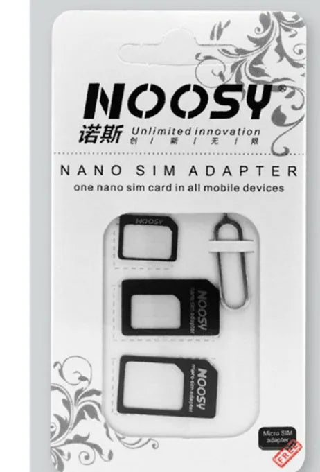 Three-piece SIM card kit showing nano, micro, and standard sizes in black and white colours.