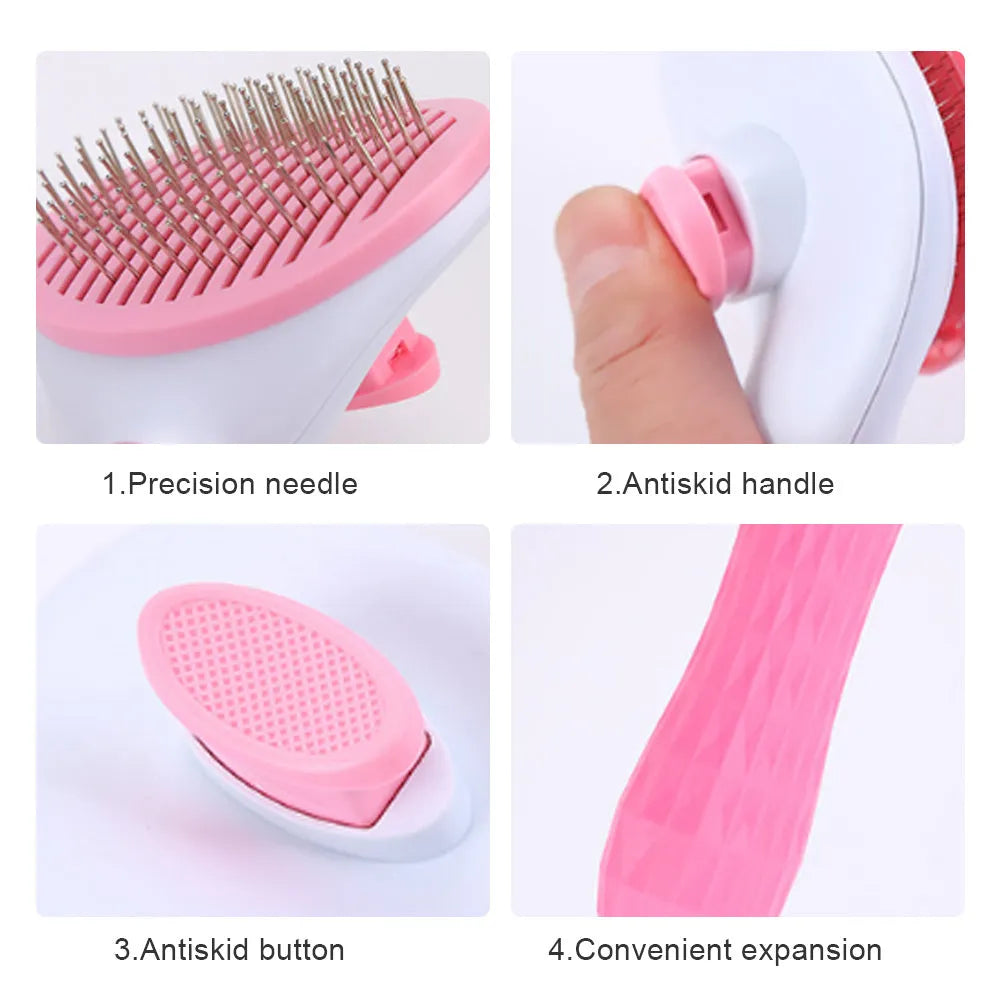 Self-cleaning pet comb with thick steel needles, ABS/TPR body, 18.5cm x 10cm, blue or pink, for cats and dogs.