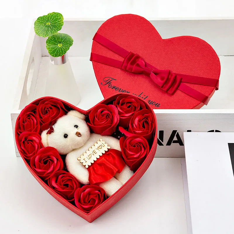 Handmade soap flower rose gift box in bear shape, pink and red colour option with ribbon on gift box