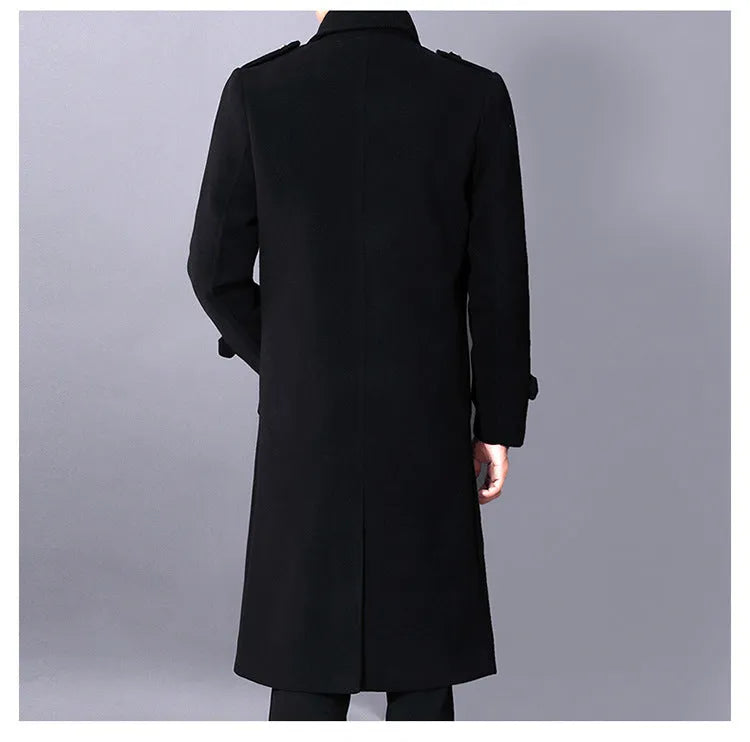 Men's slim fit black wool coat, medium 65cm length, pleated patch pocket, sizes M to 4XL