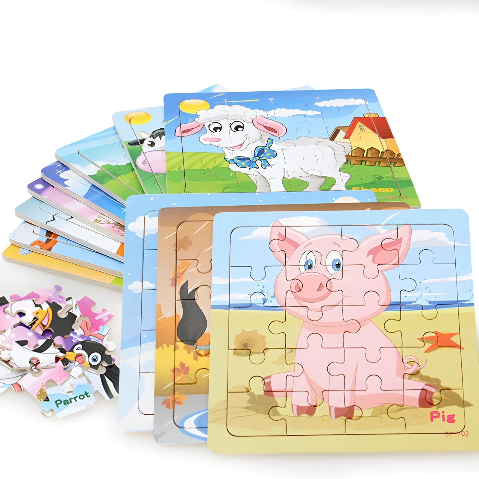 Children's poultry animal wooden puzzle in splint wood with animal colour designs