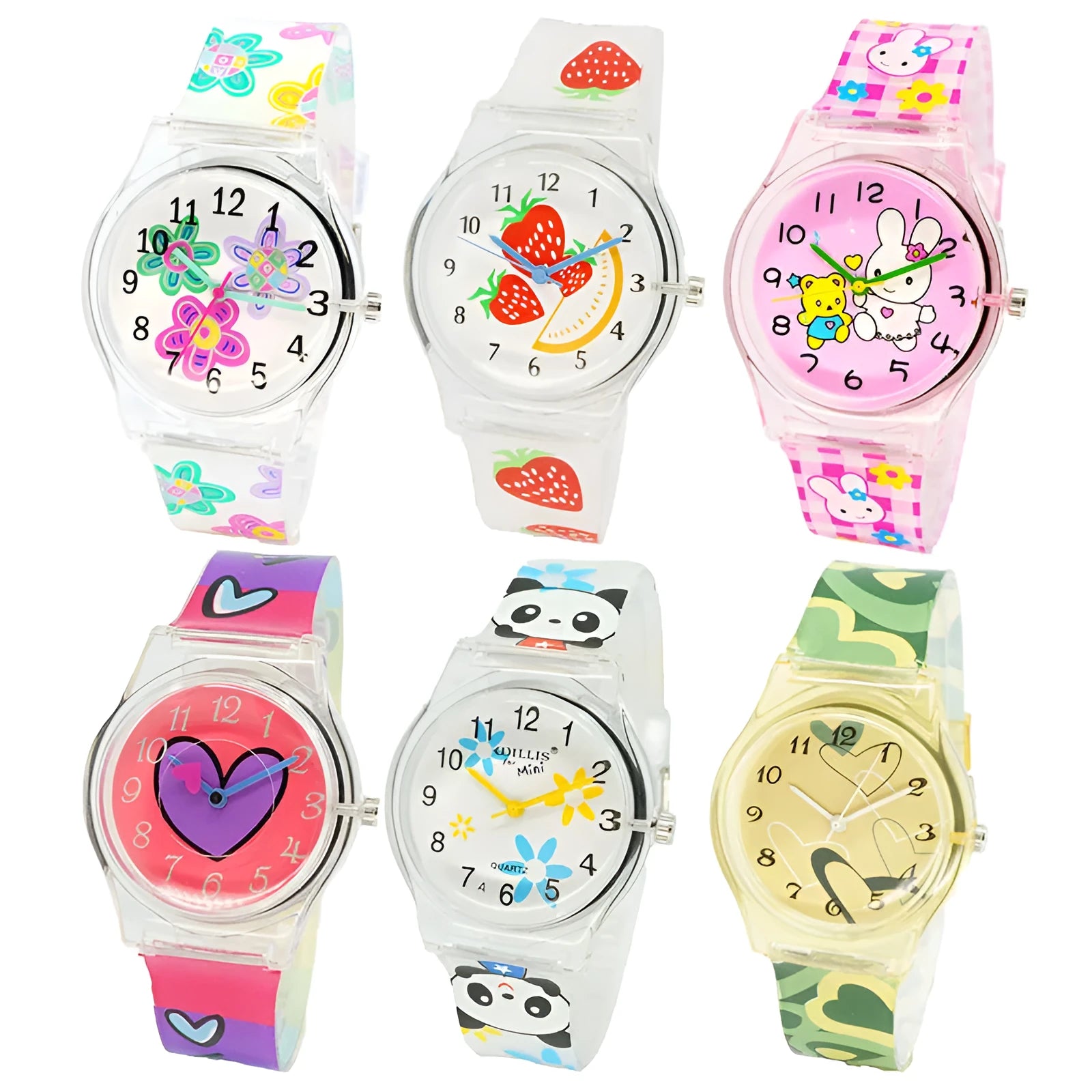 Cute girl quartz watch with animal print dial and pink PVC band on white background
