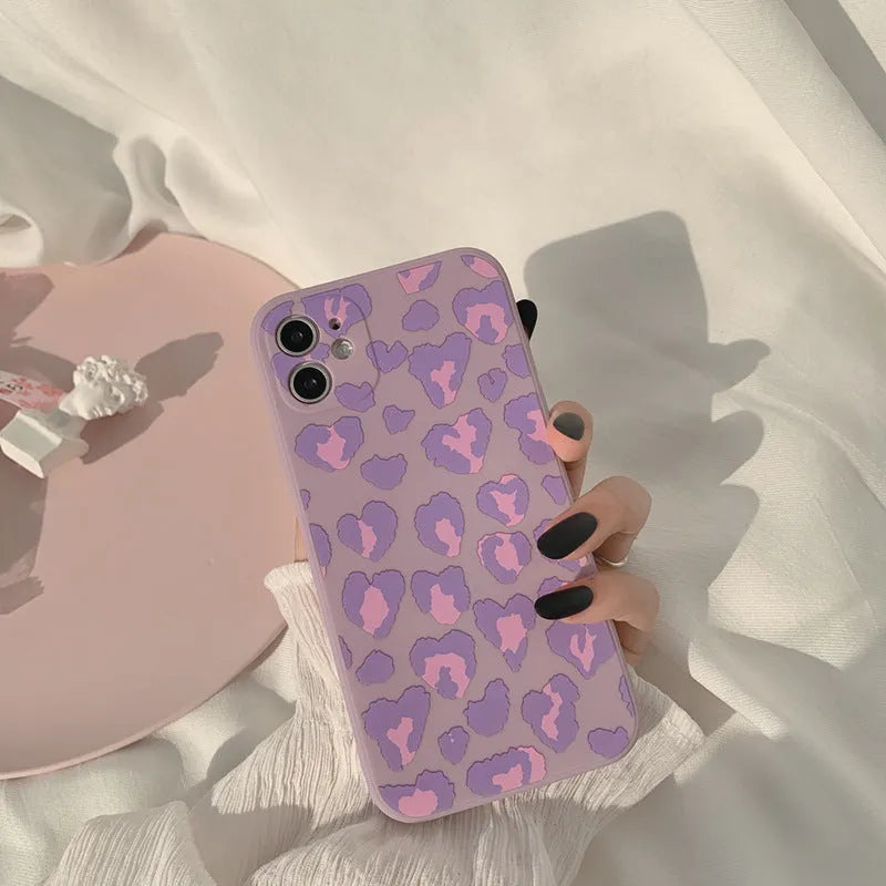 Frosted silicone phone case in purple leopard print for Apple iPhone models
