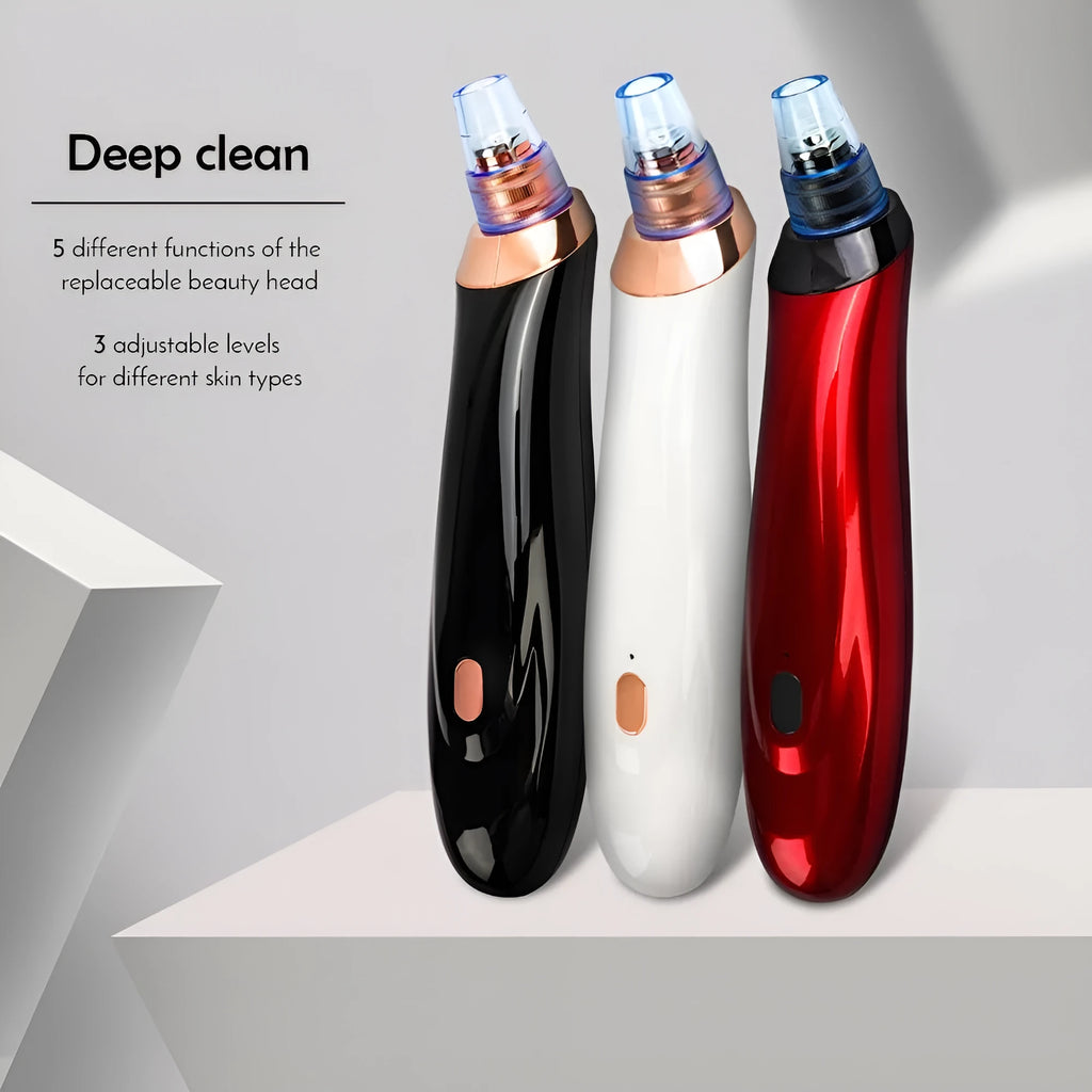 Electric blackhead remover pore cleaner tool with multiple nozzles on a white background.