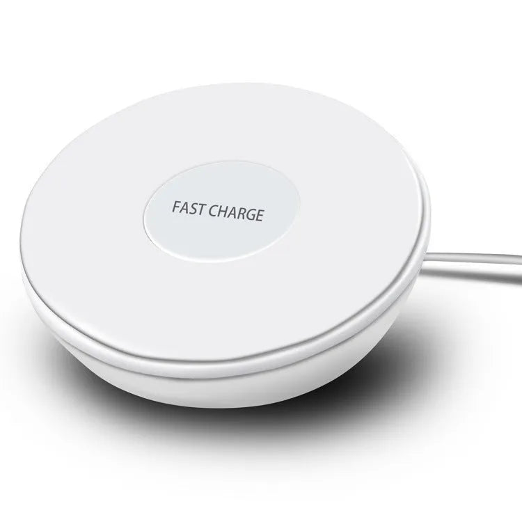 White wireless charger with clock display and three control buttons for smartphone charging