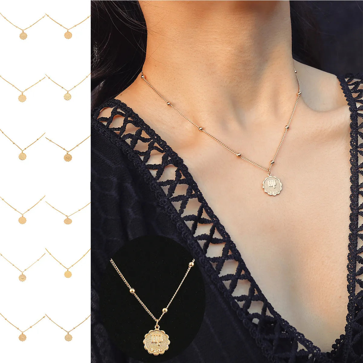 Gold plated metal zodiac constellation pendant necklace with bead chain on white background