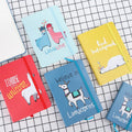 Alpaca cartoon notepad showing A5, A6, A7 sizes with yellow paper pages and mixed colour cover options.