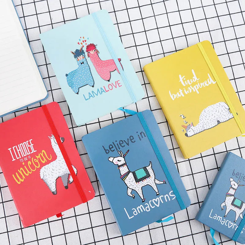 Alpaca cartoon notepad showing A5, A6, A7 sizes with yellow paper pages and mixed colour cover options.