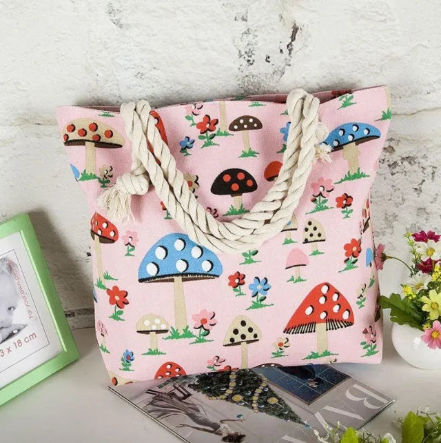 Large capacity casual canvas tote bag with printed design, zipper closure, and soft handles for women