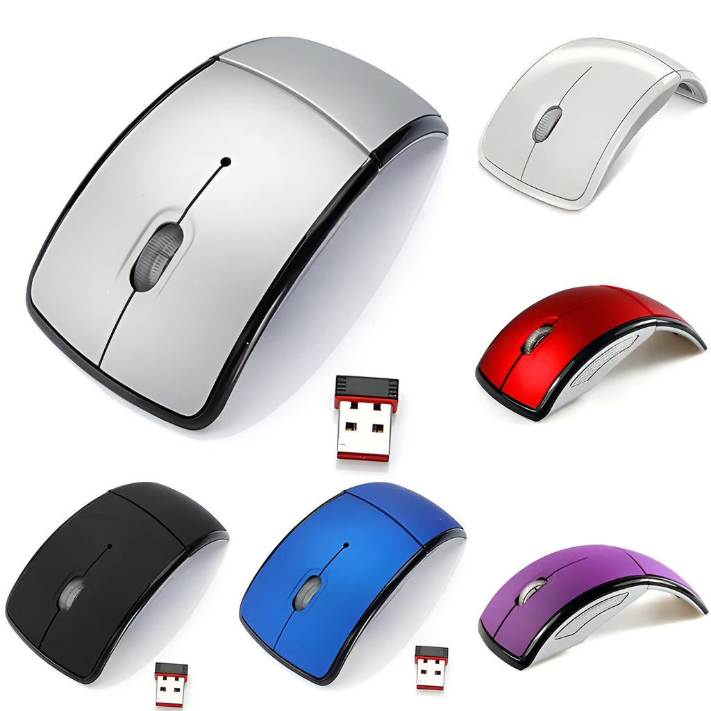 Black wireless foldable mouse with nano receiver and 2.4GHz connectivity, 1600CPI optical sensor, compact size 8.5x6x3.5 cm