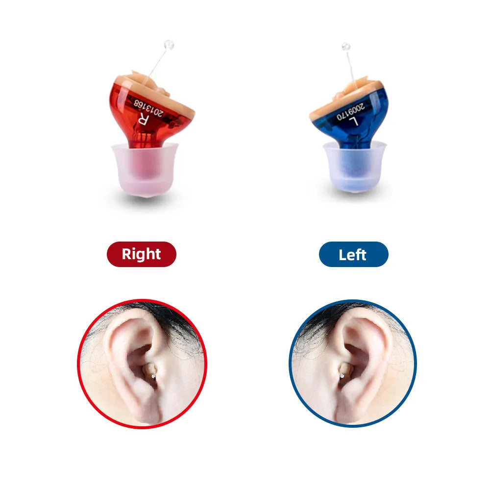 Q10 CIC hearing aid with red and blue colour options, measuring 1.8cm with included earphones and accessories