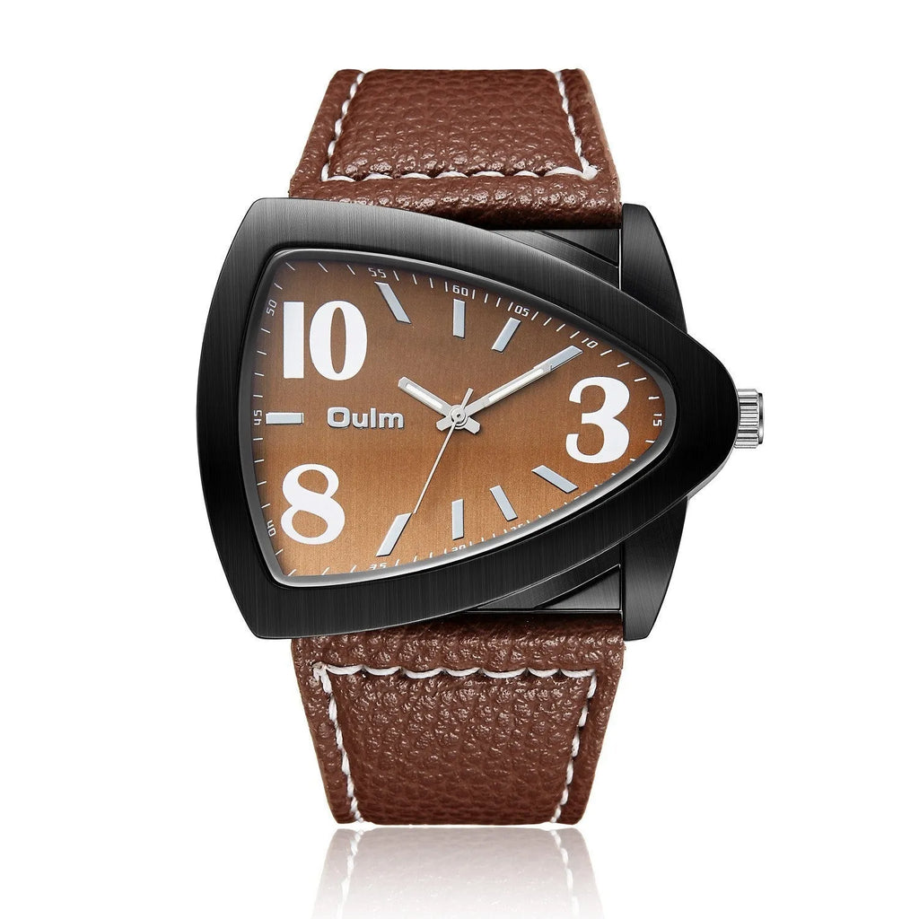Men's casual quartz watch with triangle belt strap, shown in brown, black, and blue colour options.