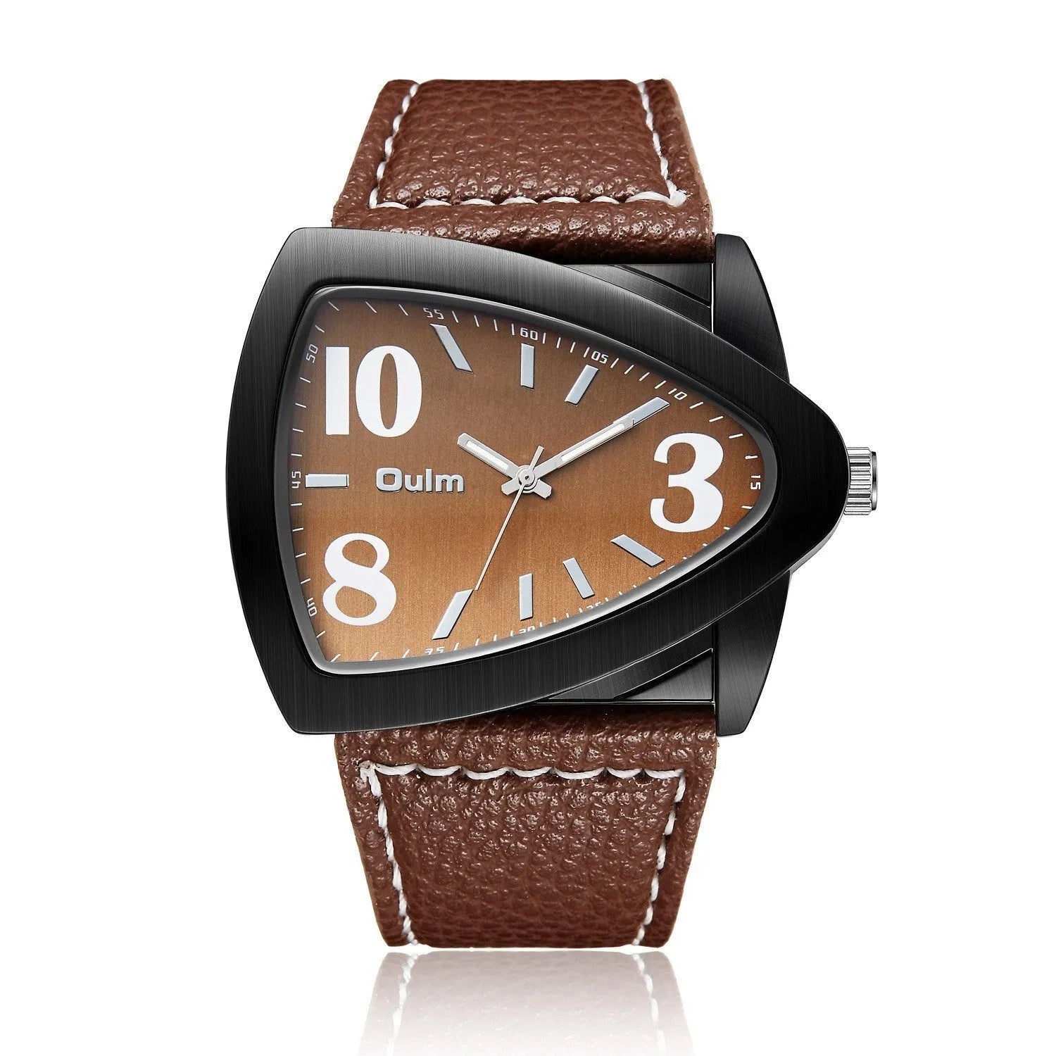Men's casual quartz watch with triangle belt strap, shown in brown, black, and blue colour options.