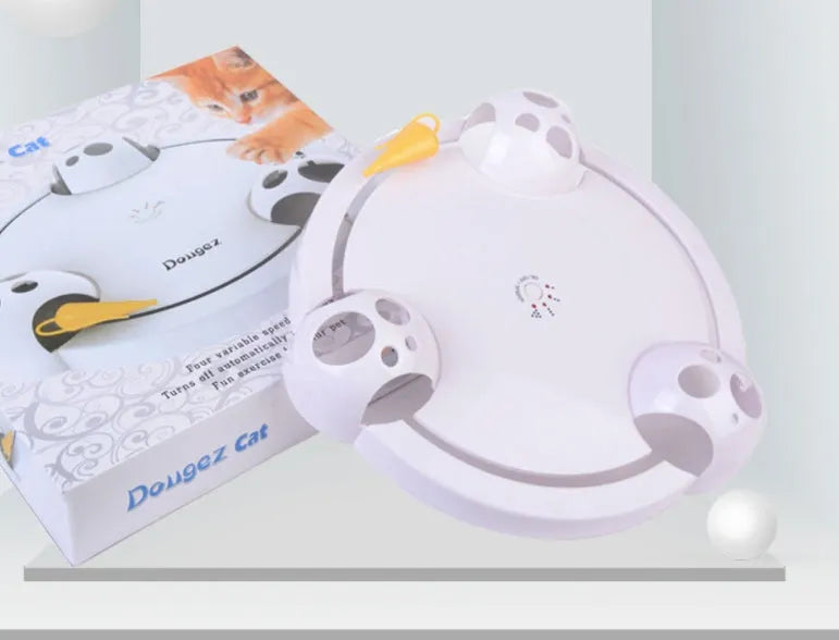 White electric cat toy turntable with mouse design on rotating ABS base, 32cm diameter