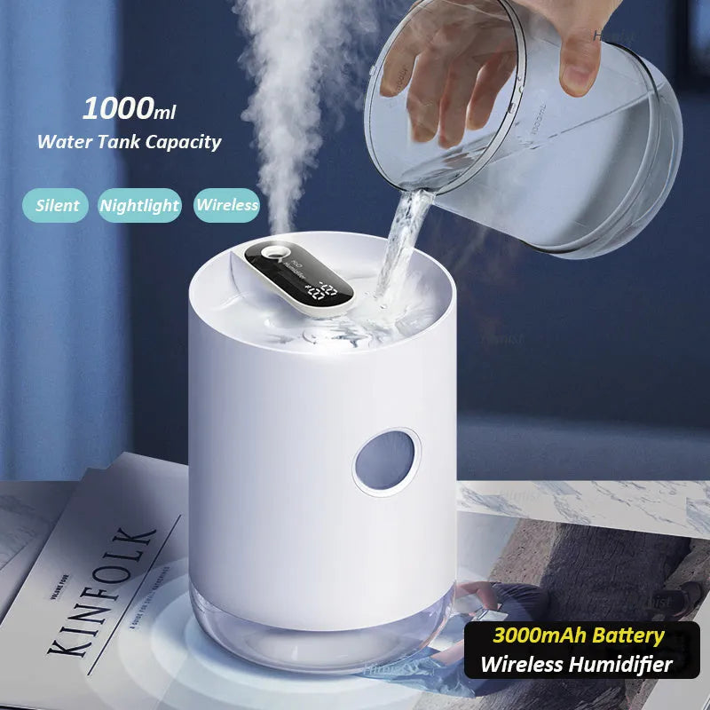Wireless humidifier in white with USB cable, 1.0-2.5 litre tank for small rooms