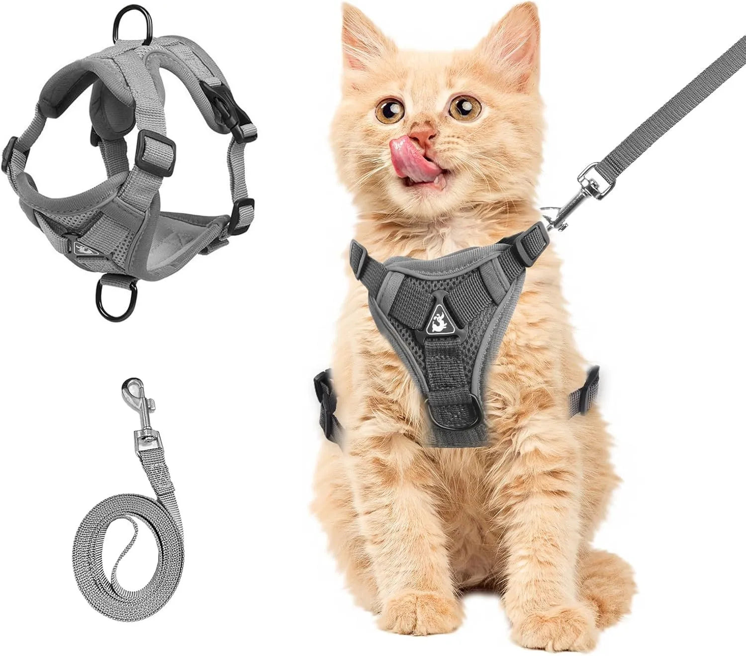 Grey adjustable cat chest harness and leash made from soft mesh with reflective strips.