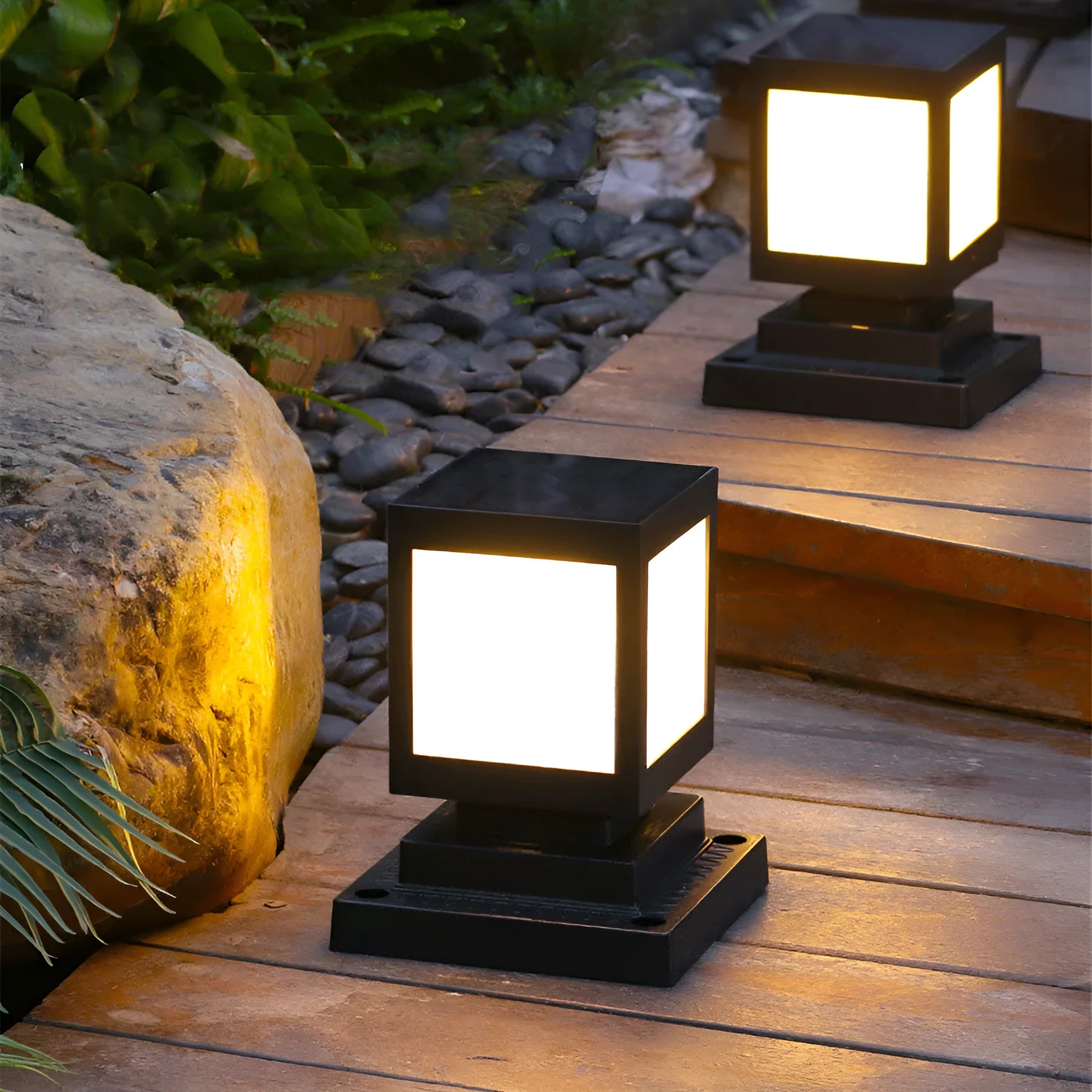 Set of solar-powered waterproof garden lights in various styles for outdoor use.