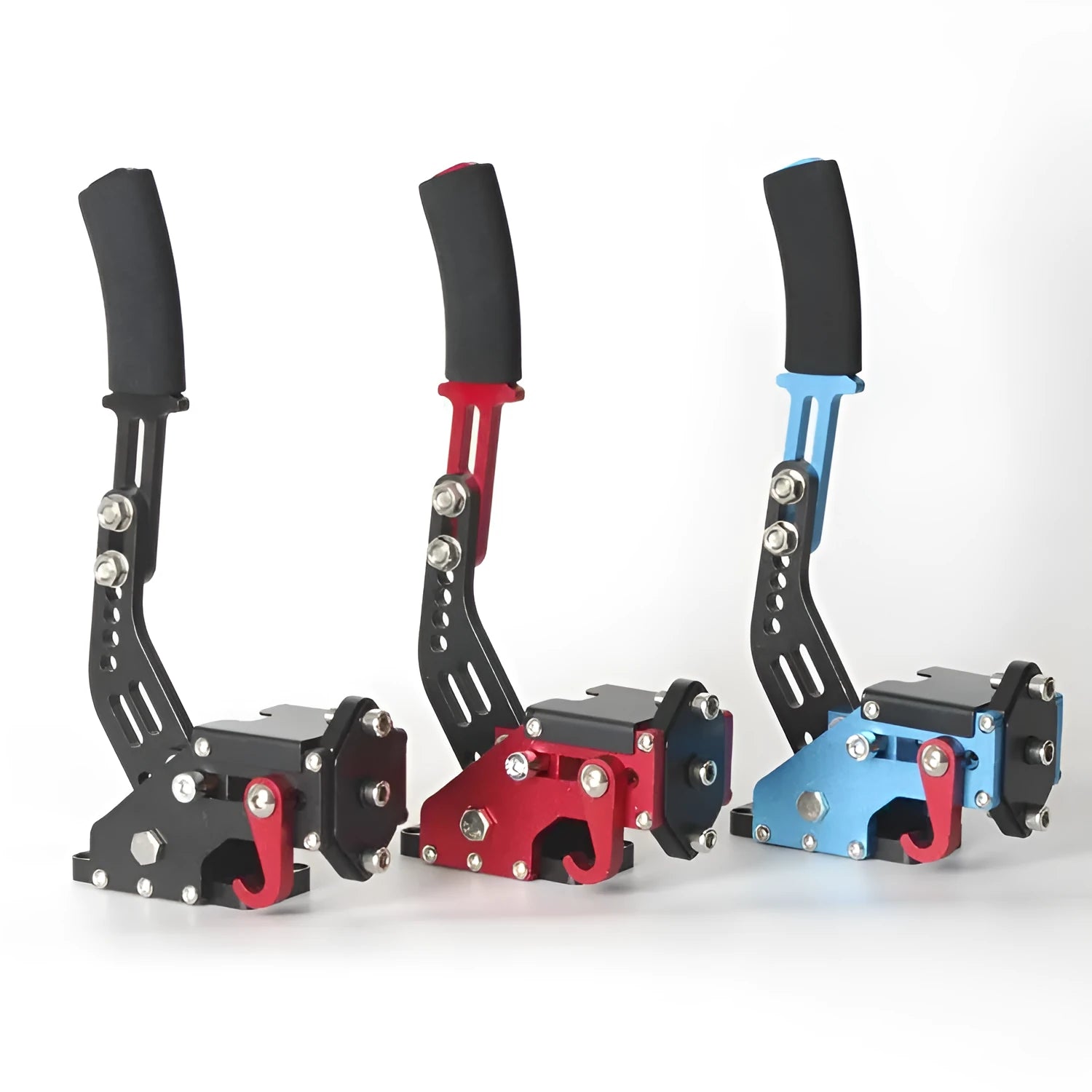 Linear handbrake for Logitech and Thrustmaster PC racing wheels in red, black, and blue colour options.