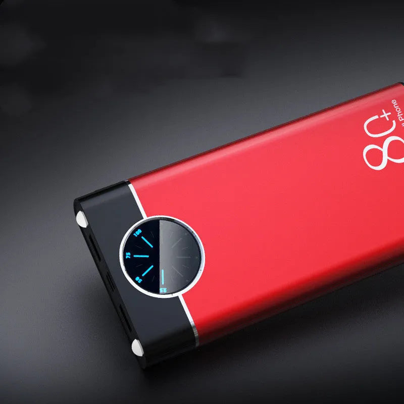 Black fast charging power bank with 20000mAh capacity showing LED flashlight and charging ports