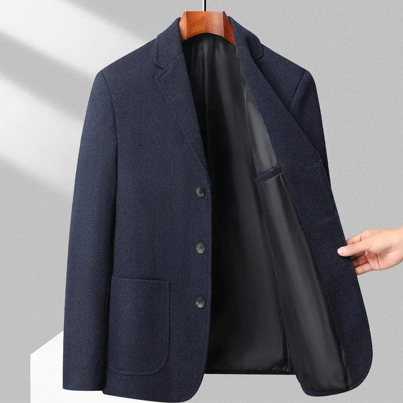 Men's loose-fit solid-colour wool blend overcoat for spring and autumn, shown in a neutral colour.