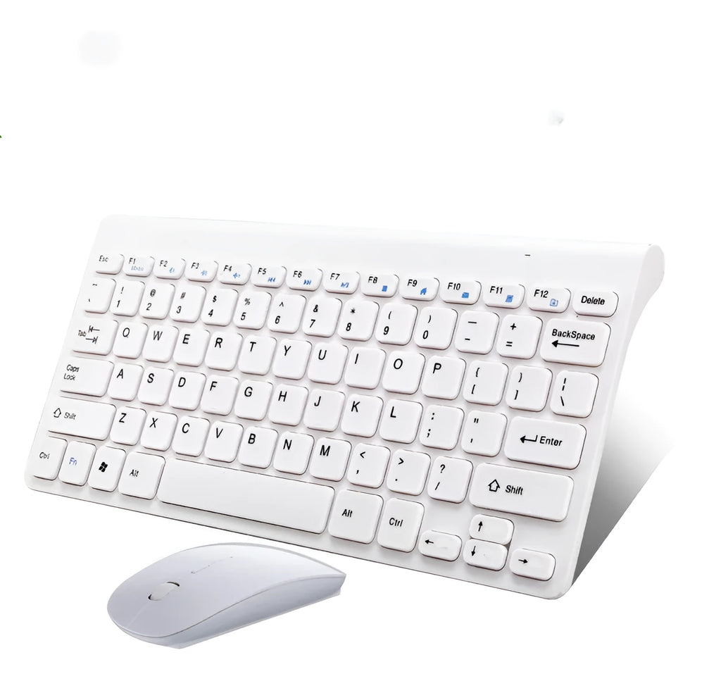 Black and white wireless keyboard and mouse set showing 78-key layout and 4-button mouse design