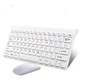 Black and white wireless keyboard and mouse set showing 78-key layout and 4-button mouse design