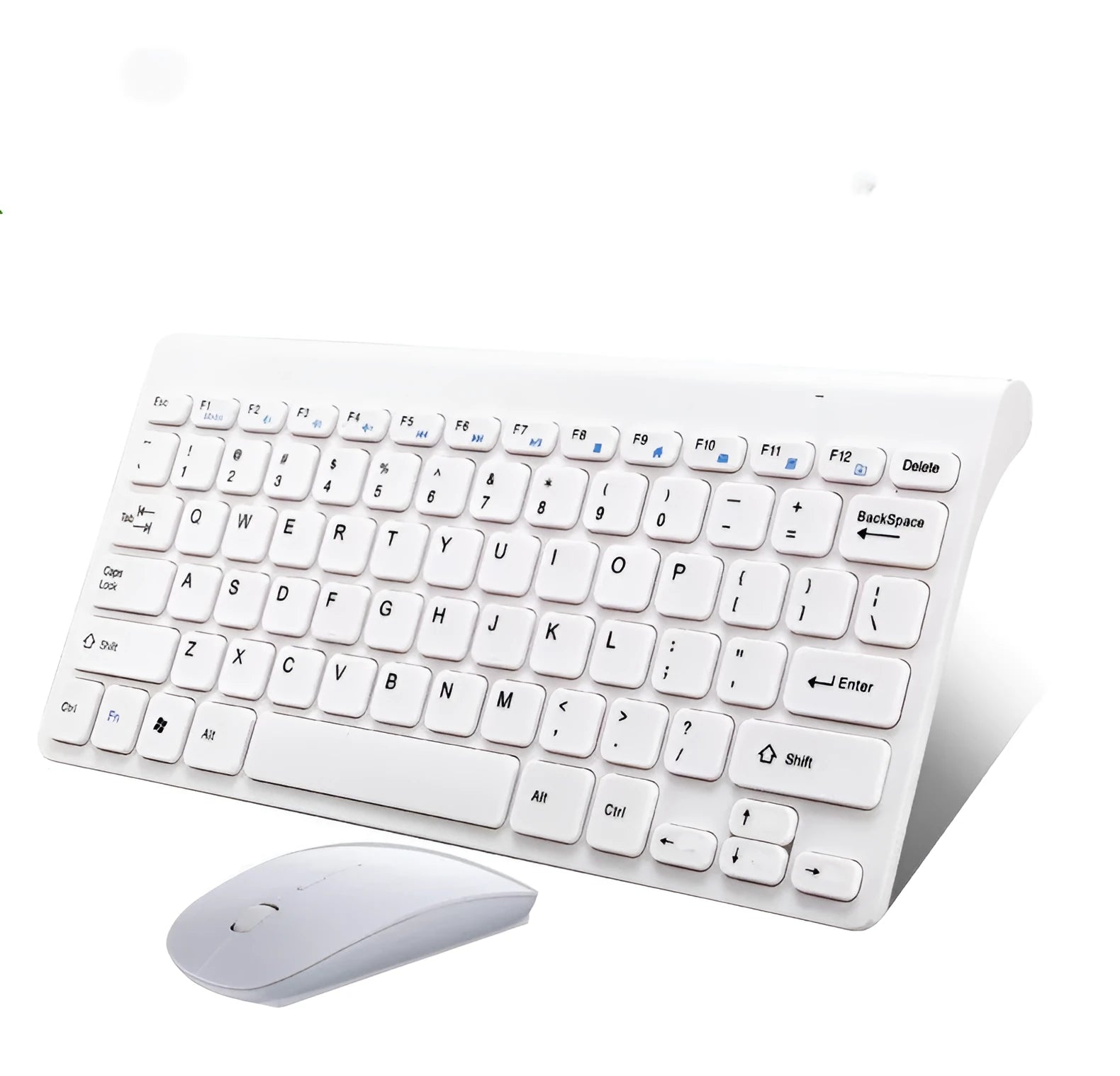 Black and white wireless keyboard and mouse set showing 78-key layout and 4-button mouse design