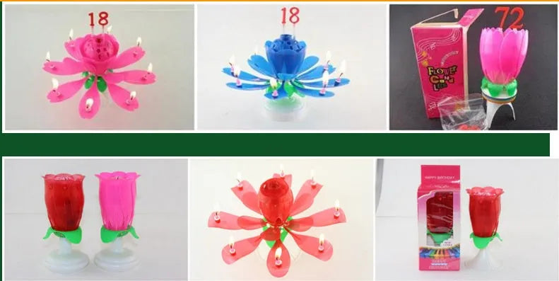 Set of eight musical lotus candles in lotus flower shape, 11cm diameter, available in yellow, rose red, purple, blue, red