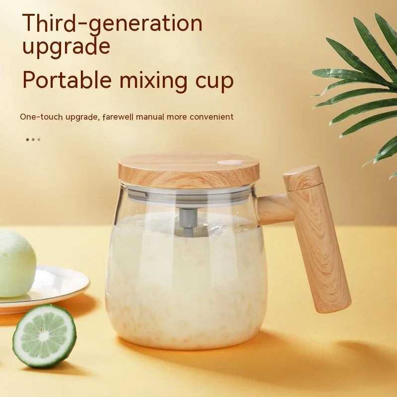 Clear borosilicate glass self-stirring coffee mug with automatic mixing function and 400ml capacity