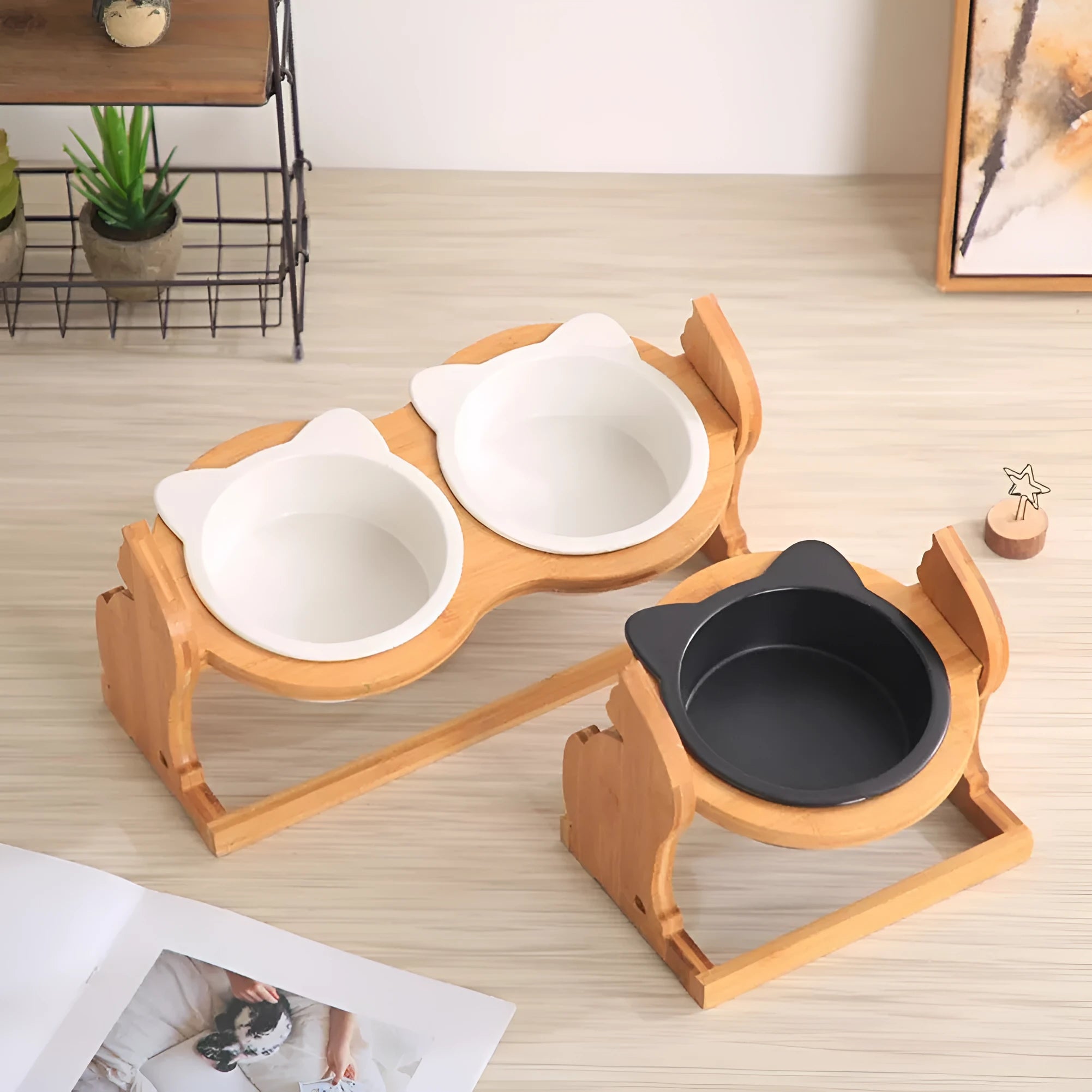 Ceramic pet bowl cat food bowl with stand for cats 400ml capacity single or double bowl in black white black and white choice of stand or shelf colour options as shown